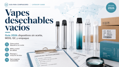 Portada tipo revista para una guía sobre vapes desechables vacíos, dispositivos sin aceite, MOQ, control de calidad y empaque.