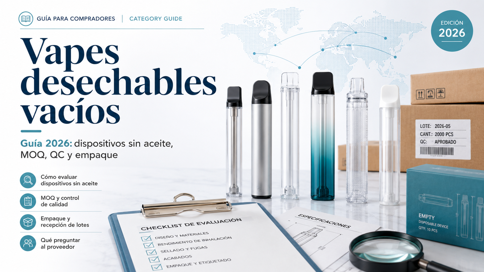 Portada tipo revista para una guía sobre vapes desechables vacíos, dispositivos sin aceite, MOQ, control de calidad y empaque.