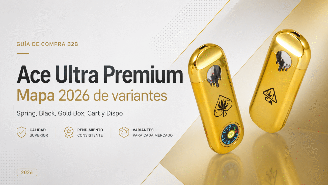 Portada de Ace Ultra Premium 2026 con dispositivos dorados y mapa de variantes Spring, Black, Gold Box, Cart y Dispo