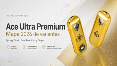 Portada de Ace Ultra Premium 2026 con dispositivos dorados y mapa de variantes Spring, Black, Gold Box, Cart y Dispo