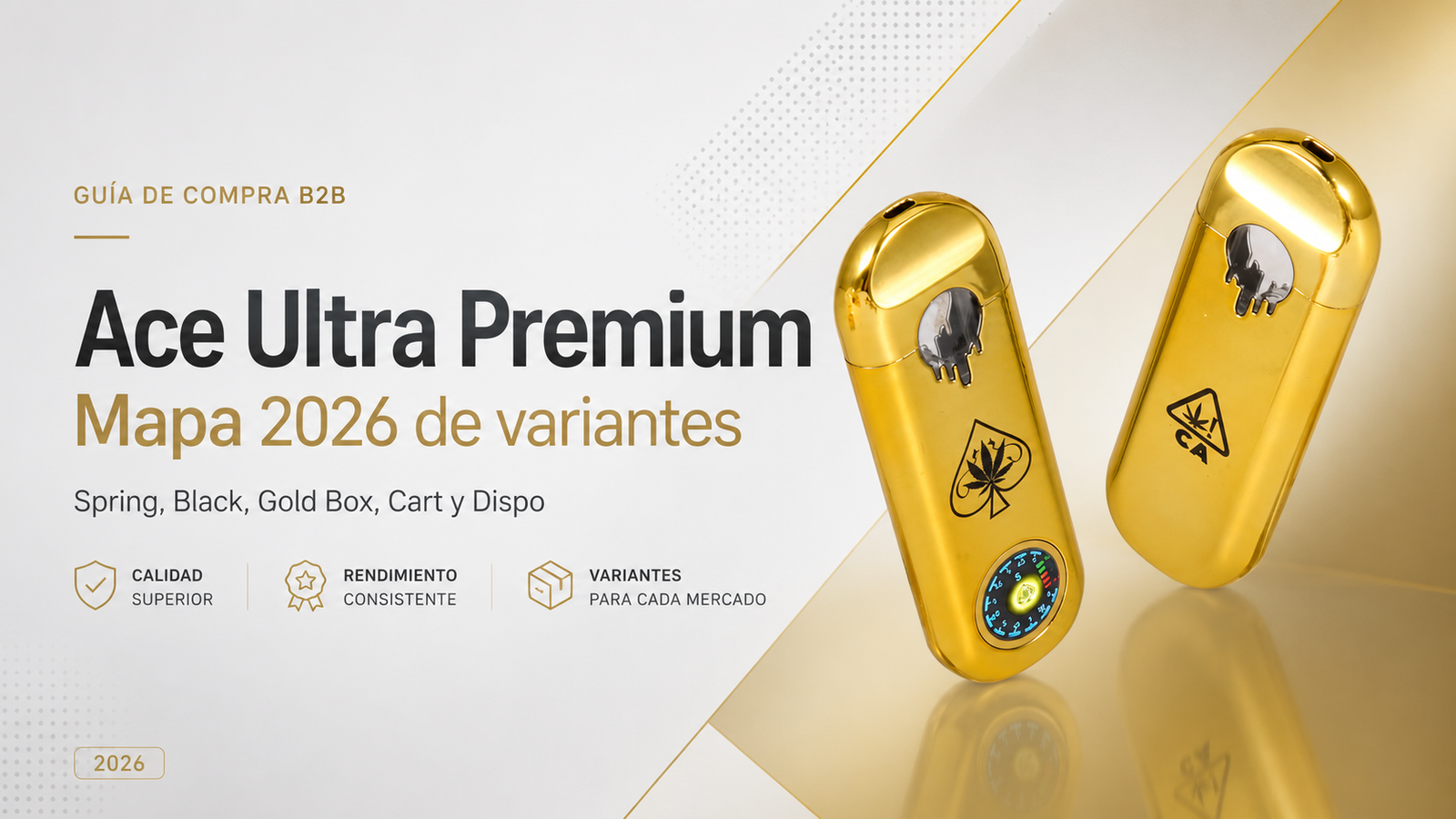 Portada de Ace Ultra Premium 2026 con dispositivos dorados y mapa de variantes Spring, Black, Gold Box, Cart y Dispo