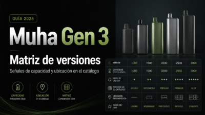 Muha Gen 3 matriz de versiones con señales de capacidad y ubicación en el catálogo