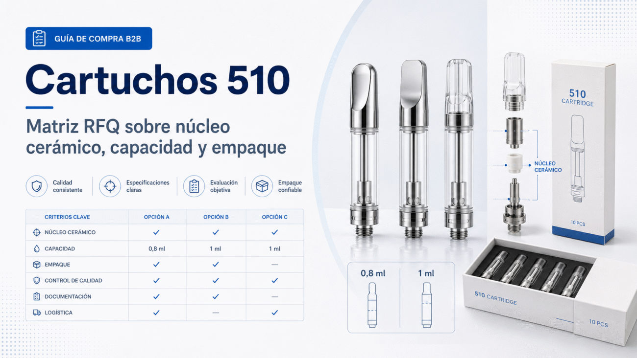 Portada de guía B2B sobre cartuchos 510 con matriz RFQ de núcleo cerámico, capacidad y empaque