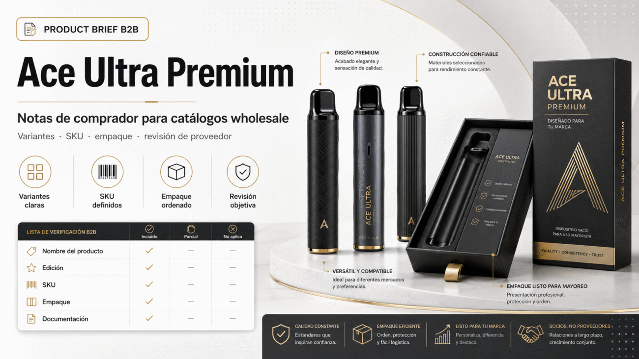 Portada B2B de Ace Ultra Premium con notas para catálogo wholesale, variantes, SKU, empaque y revisión de proveedor