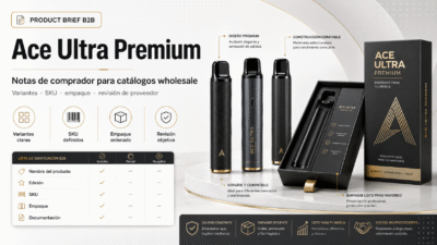 Portada B2B de Ace Ultra Premium con notas para catálogo wholesale, variantes, SKU, empaque y revisión de proveedor