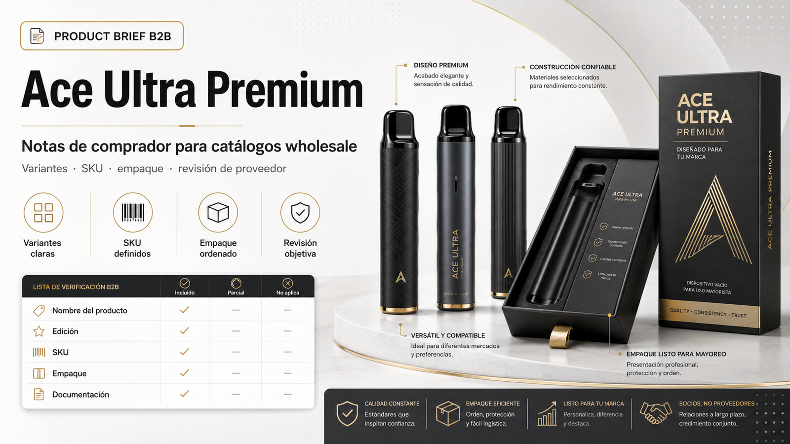 Portada B2B de Ace Ultra Premium con notas para catálogo wholesale, variantes, SKU, empaque y revisión de proveedor