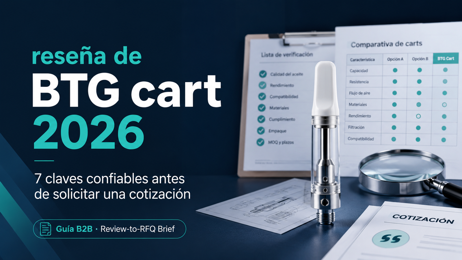 Portada de reseña de BTG cart 2026 con checklist B2B, comparativa de carts y documento de cotización