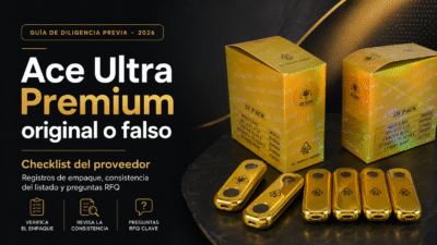 Portada del blog ace ultra premium original o falso con empaque Gold Box y checklist de proveedor para registros, listados y RFQ.