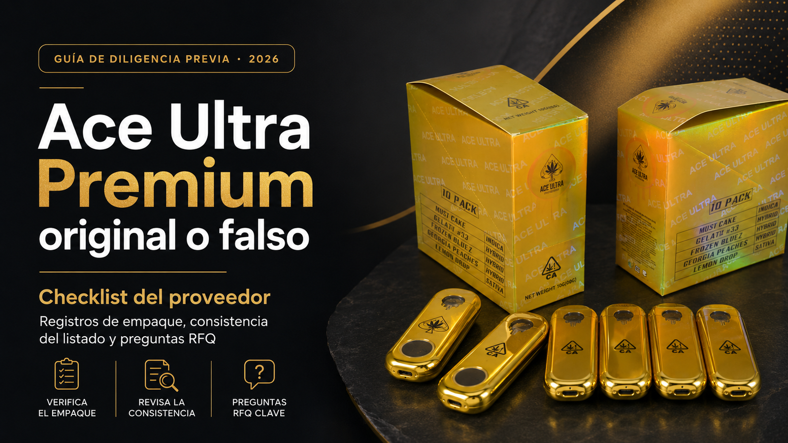 Portada del blog ace ultra premium original o falso con empaque Gold Box y checklist de proveedor para registros, listados y RFQ.
