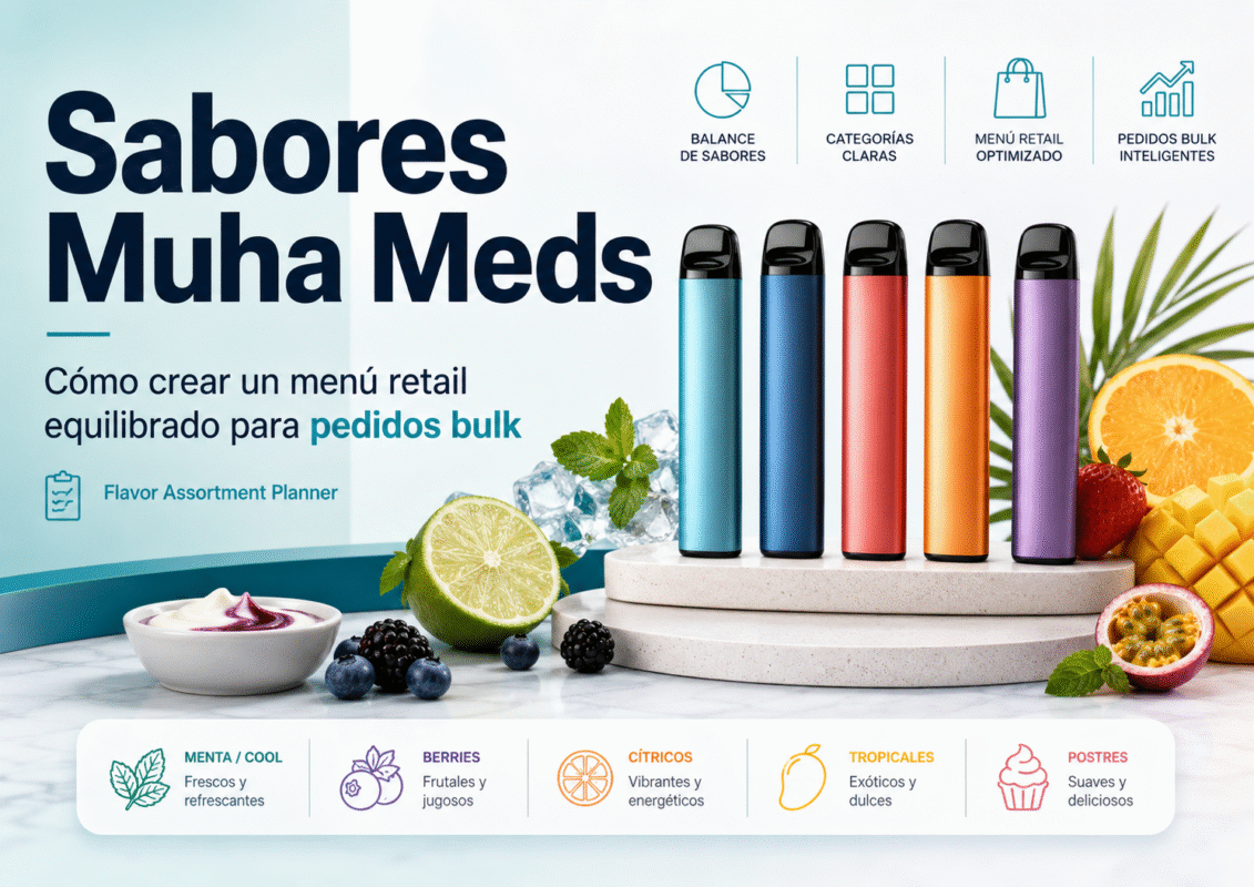 Sabores Muha Meds con dispositivos desechables vacíos, frutas y categorías para menú retail bulk