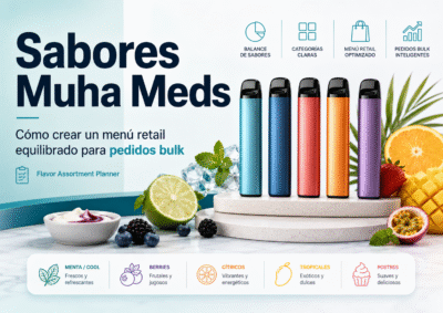 Sabores Muha Meds con dispositivos desechables vacíos, frutas y categorías para menú retail bulk