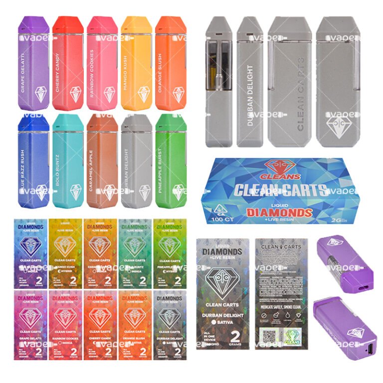 clean carts vape pen desechable 2g caja azul vacío con 10 sabores y empaque Liquid Diamonds + Live Resin.