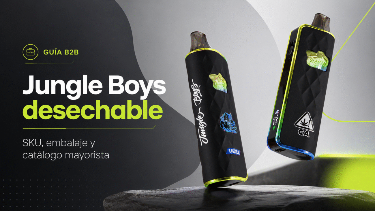 Portada de la guía B2B sobre Jungle Boys desechable, SKU, embalaje y catálogo mayorista