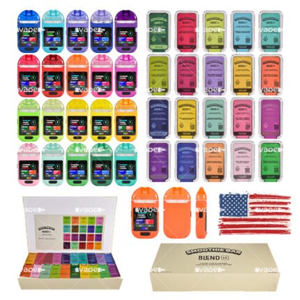 Smoothie Bar Blend 3.0 desechable 2G stock en USA vacío con exhibidor de sabores y cajas de producto.