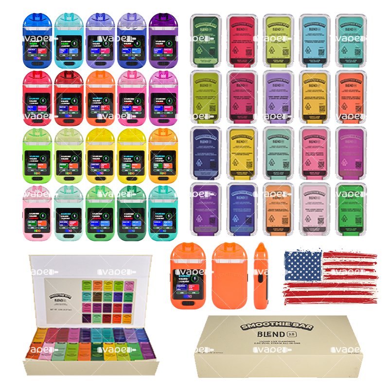 Smoothie Bar Blend 3.0 desechable 2G stock en USA vacío con exhibidor de sabores y cajas de producto.
