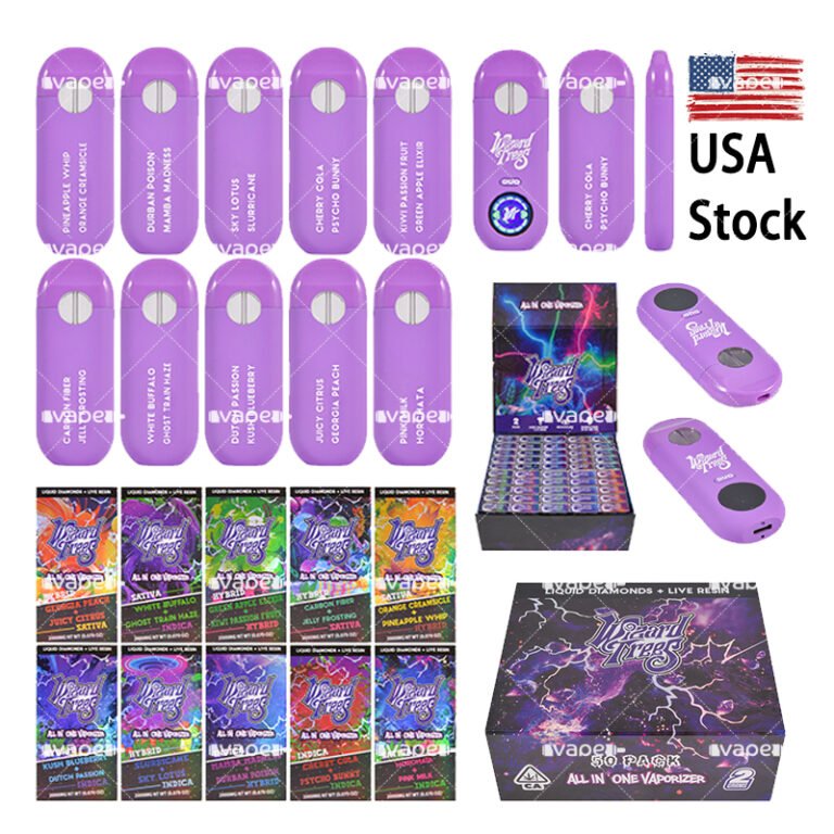 Wizard Trees Duo 2G vape pen desechable USA stock con dispositivos morados, cajas y empaque