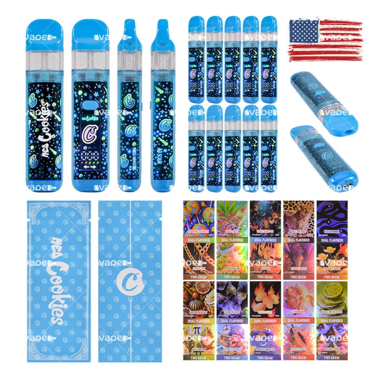 MED Cookies 2G vape pen desechable de doble cámara USA stock con dispositivos azules, cajas y diseños