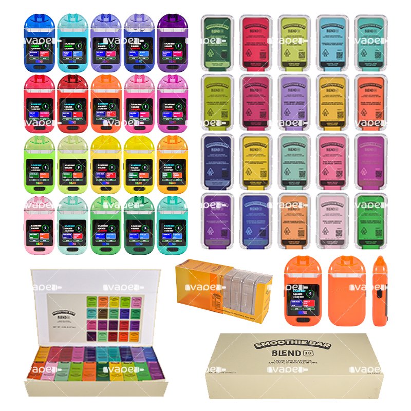Smoothie Bar Blend 3.0 2G desechable vacío con exhibidor de sabores duales y cajas de producto.