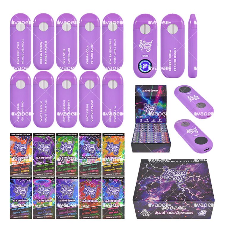 Wizard Trees Duo 2G vape pen desechable vacío de doble cámara en color morado con dispositivos y cajas