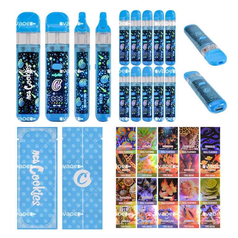 MED Cookies 2G vape pen desechable de doble cámara con dispositivos azules, cajas y diseños de sabores