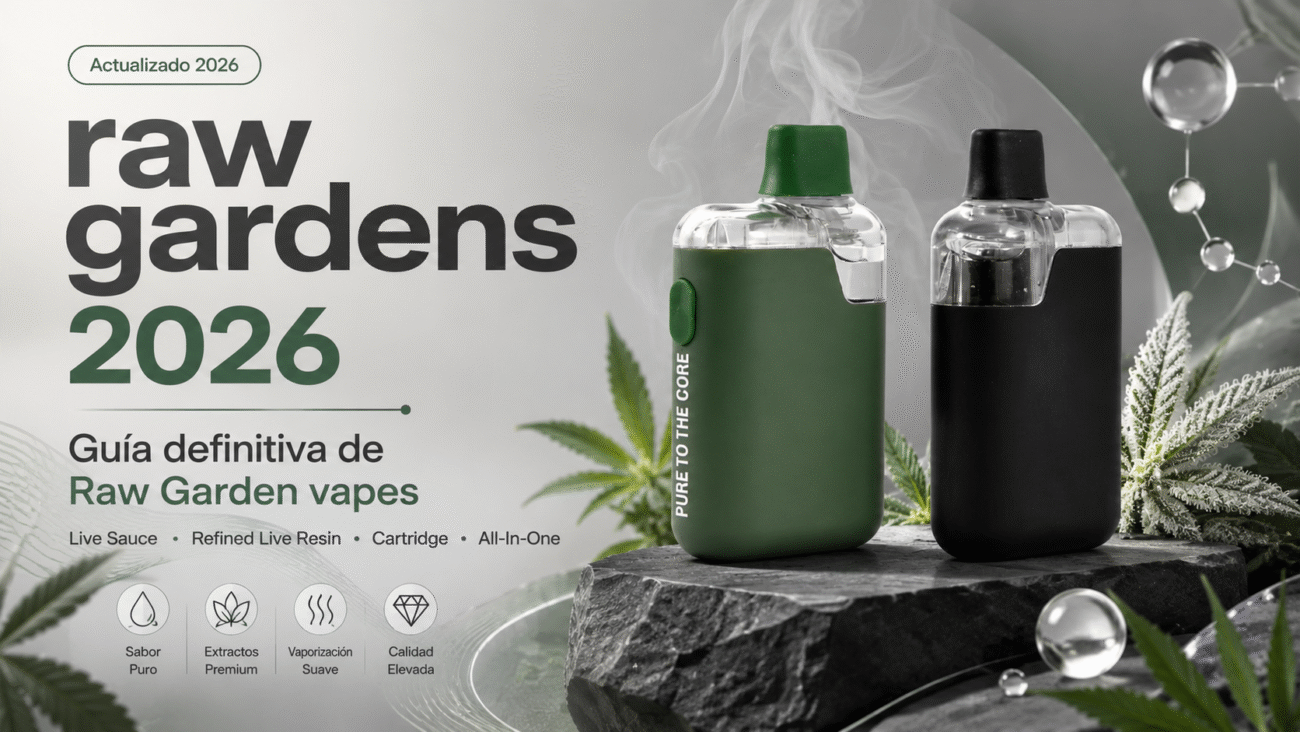 Portada de raw gardens 2026 con dos vapes Raw Garden verde y negro sobre Live Sauce, Refined Live Resin y formatos All-In-One.